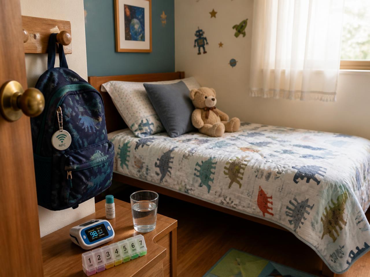 Habitación infantil con elementos de cuidado médico: cama, organizador de medicamentos y mochila con sticker